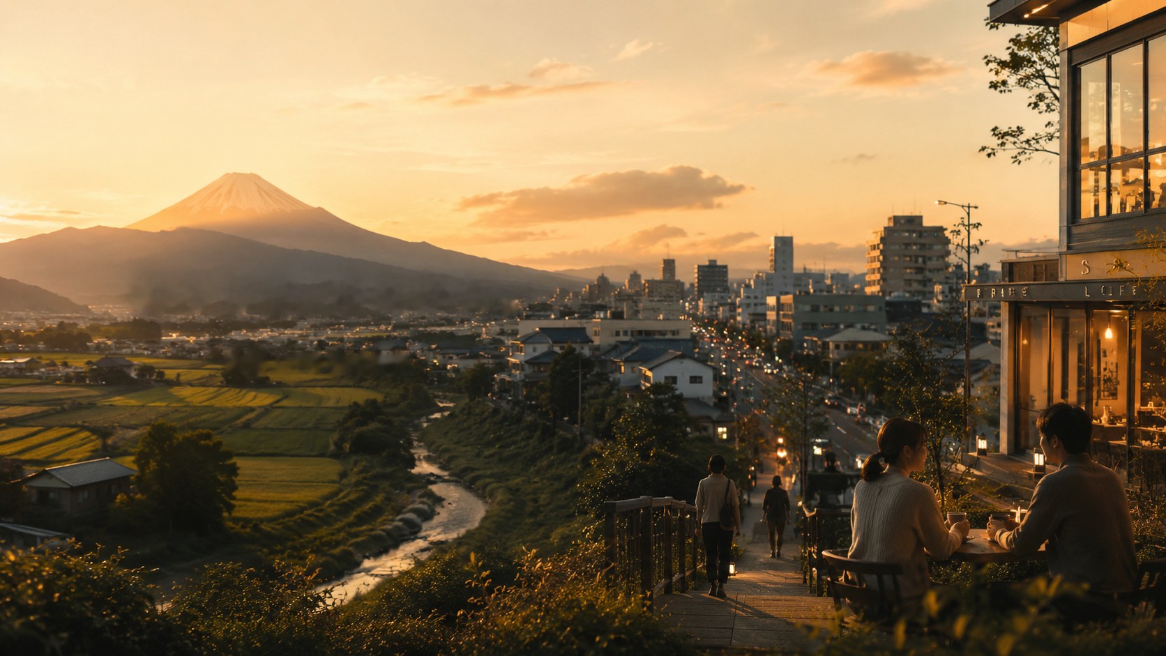 夕暮れの富士山と静岡の街並み